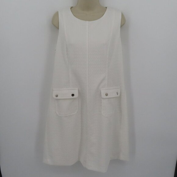 Tommy Hilfiger Women 14 White Houndstooth Sleeveless Sheath Dress Pockets Silver - Picture 13 of 13